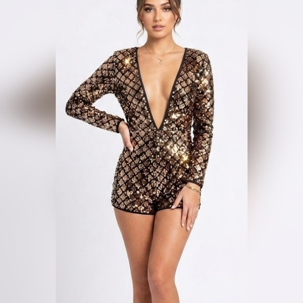 Lac Bleu Gold & Black Sequin Diamond Romper Open Back Long Sleeve Small
